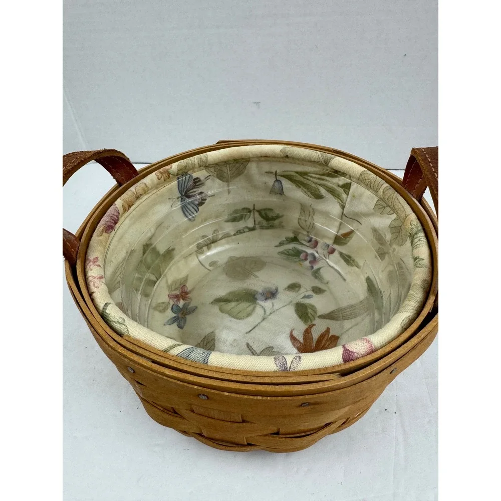 Longaberger 2006 Round Woven Basket Leather Handles Botanical Liner Protector